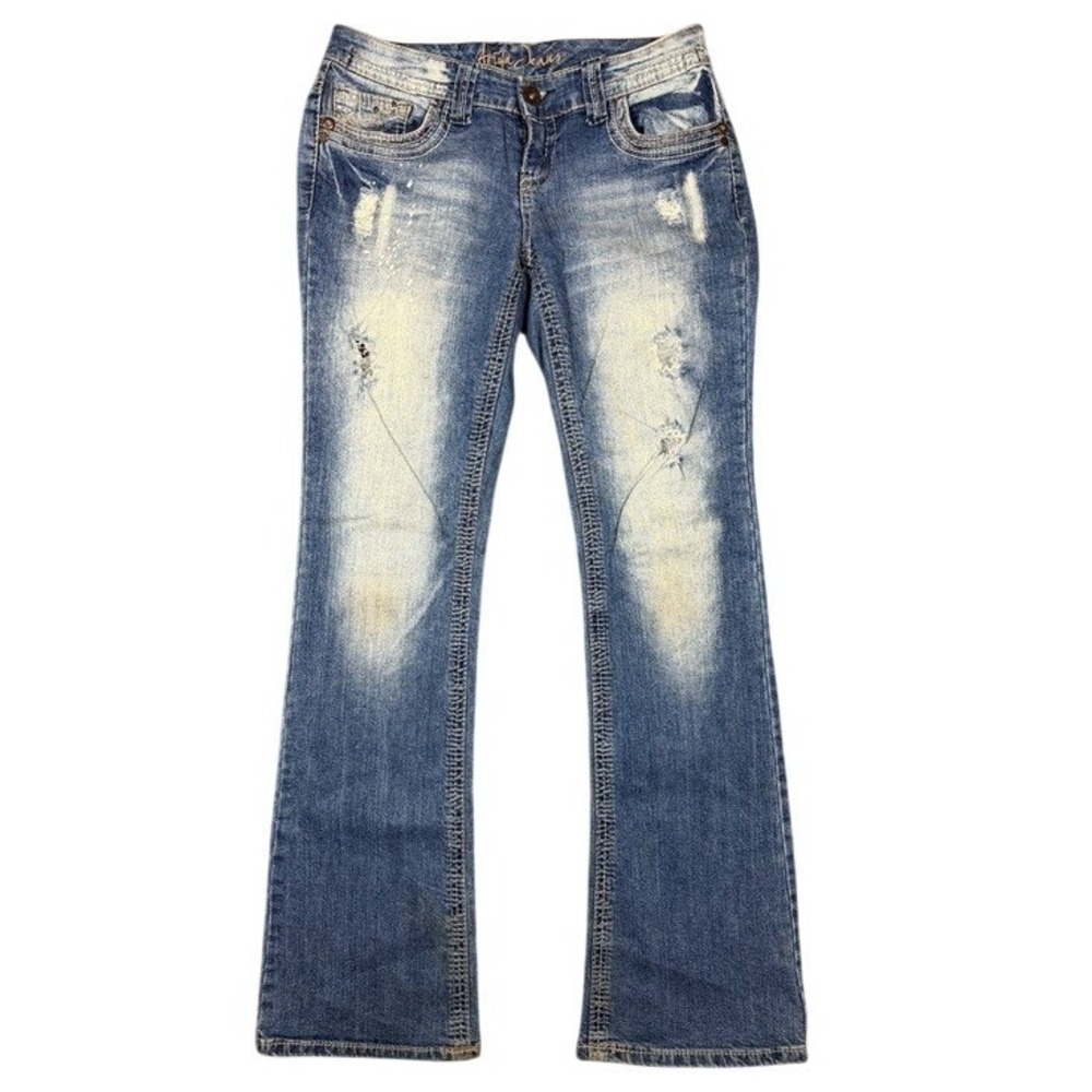 Ariya Jeans Womens 5/6 Medium Wash Distressed Bootcut Embellished Low Rise Denim